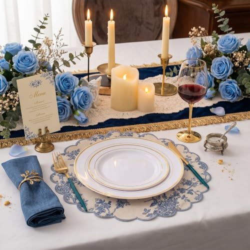 Set of 12 Blue Floral Cotton Placemats 15" Round Scalloped Navy Blue - Image 5