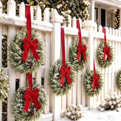 Barydat 6 Pcs 15" Mini Christmas Wreaths for Kitchen Cabinet with Long Bow - Image 6