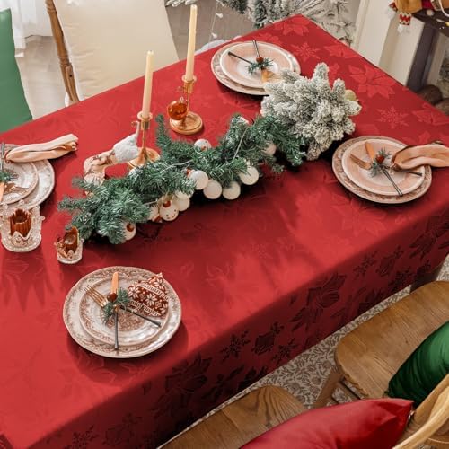 Softalker Christmas Jacquard Tablecloth, Winter Vintage Damask Rectangle Table Cover, Waterproof Poinsettia Snowflakes Polyester Table Cloths Decor for Holiday, Dining, Party - 60 x 120 inch, Red - Image 3