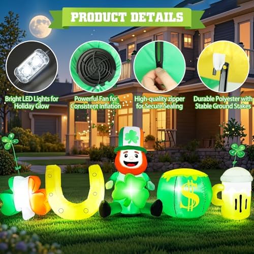 St Patricks Day Inflatables Outdoor Decorations 8FT Leprechaun Inflatable with Shamrock Horseshoe Pot of Gold Beer Cup Yard Lawn Party Garden Home Holiday Irish Saint Patrick’s Blow Up Décor - Image 5