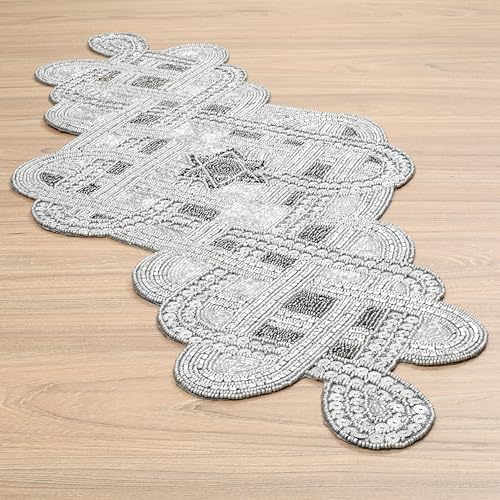 Handmade Beaded Table Runner 13 x 36 Inch, Grey Silver Decorative Glass Bead Table Runner with Polyester Back, Elegant Dining Table Centerpiece for Coffee, Wedding, Holiday & Farmhouse Home Décor - Image 3