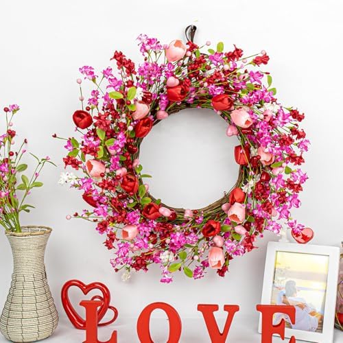 Yawwind 22 Inches Valentine Wreath Red Valentines Wreaths for Front Door Valentine's Day Flower Wreath with Tulips Heart Berry for Window Porch Indoors Outside - Image 2