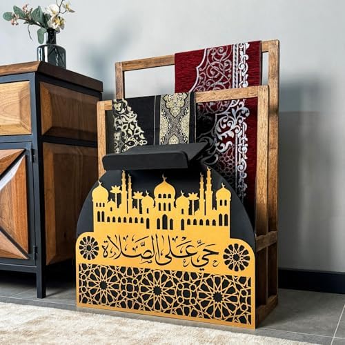 Elegant Wooden Quran Holder & Prayer Mat Holder – Islamic Home Décor, Prayer Rug Organizer, Ramadan & Eid Gift, Decorative Wooden Islamic Accessories, Quran Display Holder for Mosque & Home Gold-Black - Image 5