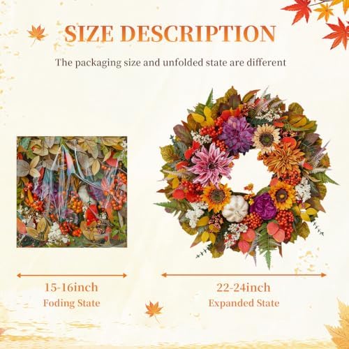 Fall Wreaths for Front Door 24" Vintage Purple Autumn Harvest Wreath - Image 3
