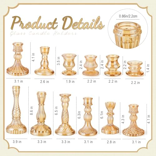 Mumufy 12 Pcs Gold Glass Taper Candle Holders, 0.8" Candlestick - Image 2