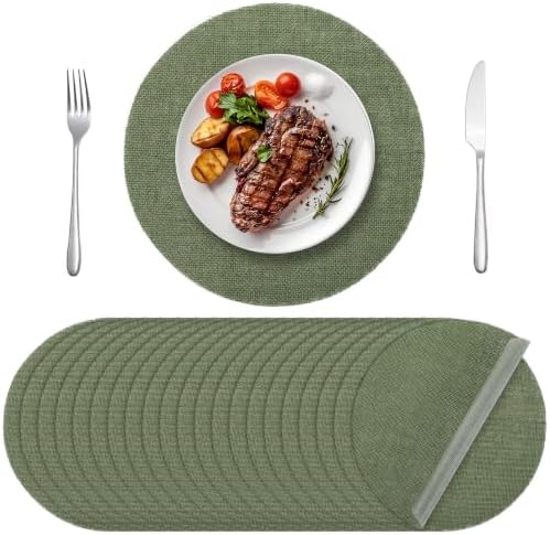 Aneco 50 Pieces Round Burlap Placemats 11.8 Inch Reusable Sage Green Table Mats Heat Resistant Natural Jute Fibers Placemats Burlap Circle Rustic Table Decorations for Dinner Holiday Farmhouse Decor by Aneco