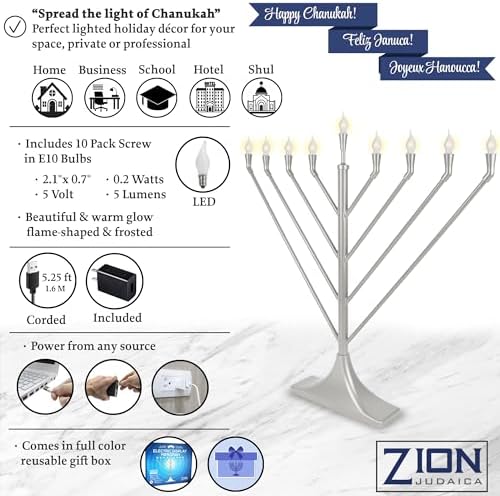 Large 23" Rambam Angled Electric Menorah with Flame Shaped Bulbs Traditional V-Shaped USB Display Electronic Hanukkah Minorah Includes 10 E10 Bulbs Chanukah Decorations By Zion Judaica (Satin Silver) - Image 3