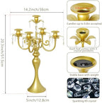 20.3'' Tall 5 Arm Silver Candelabra Centerpiece for Table, Metal Candelabra Candle Holder, Retro Candelabra Table Centerpieces for Party, Events, Home, Wedding Decor (1, Pure Gold, 5 arm) - Image 2