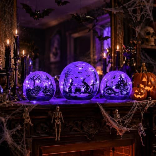 NEEDOMO Halloween Decorations Indoor, 3 Pack Witch Crackle Glass Globe Purple LED Lights with Timer, Halloween Table Decor for Mantel, Fireplace, Party, Home - Image 6