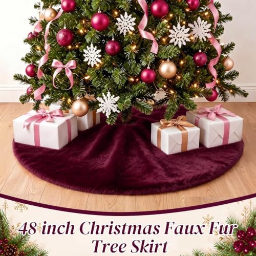 Viorawhite Burgundy Christmas Tree Skirt, 48 Inch Faux Fur Tree Skirts - Image 4