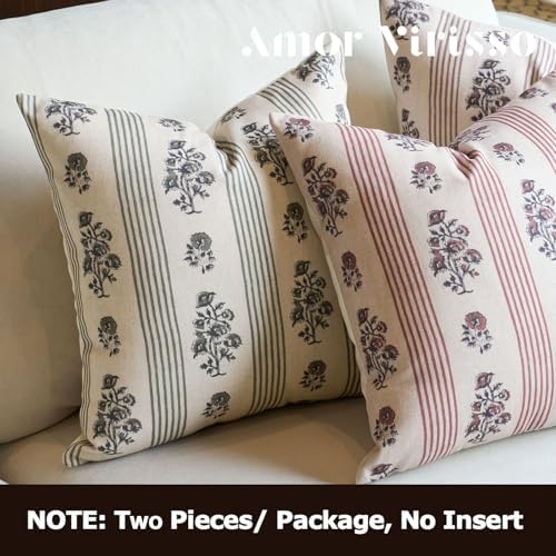 Amor Virisso Floral Throw Pillow Covers 24x24 Set of 2 Block Print Pillow Covers Neutral Floral Striped Farmhouse Decorative Pillow Covers for Sofa Couch Bed, Dusty Green - Image 6