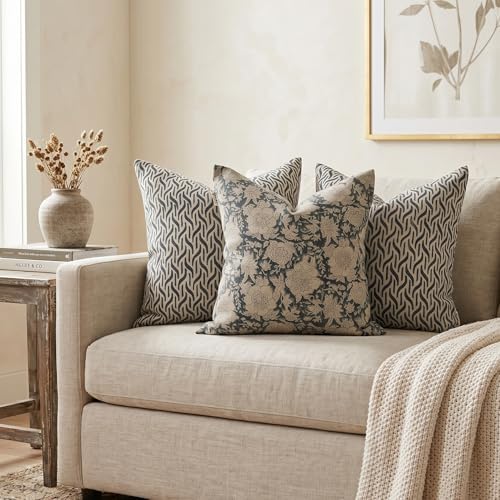 Decorative Pillow Cover French Country Pillow Cover Cottage Decor Floral Block Print, Farmhouse Decorative Cushion Cover, Spring Pillow Cover Line and Loop (Airforce Blue) - Image 5