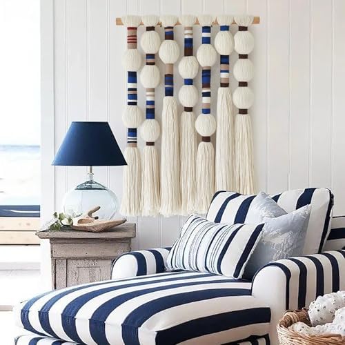Macrame Wall Hanging Blue Handmade Yarn with Ball Tassels 15.7" Wx 21.6" L - Image 4