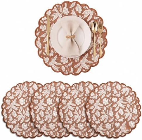 Ridhi Floral Block Print Round Placemats 15" in, Set of 4, Oak Brown by Ridhi