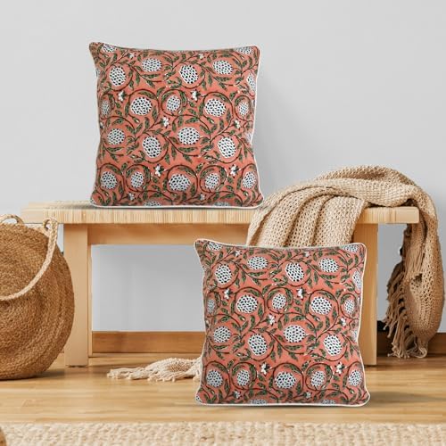 Ridhi Block Print Dark Salmon Pink Pillow Cover 18" x 18" (Pack of 2) Decorative Couch Pillows for Living Room, Chic Boho Cute Outdoor Pillows Covers Gifts for Spring, Easter and Valentine - Image 2