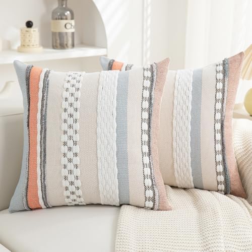 Boho Pillow Covers 18x18 Set of 2 for Couch-Modern Farmhouse Sofa Decorative Throw Pillow Covers Textured Chenille Cushion Covers Outdoor Netural Bohemian Pillow Cases Square by PLEPATE