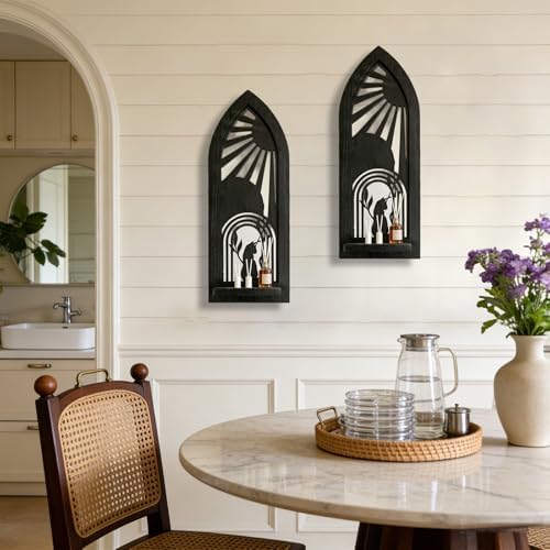 ZEXUIRU 2 Set Rustic Candle Sconces Living Room Bedroom Entryway Wood Mirrored, Farmhouse, Carved Frame Wall-Mount Wooden Candle Holders Wall Decor Hanging Handmade Holder - Black - Image 2