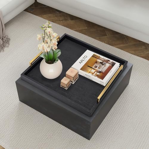 Extra Black Large Serving Tray with Handles for Ottoman,Versatile Shagreen Leather Square Ottoman Tray for Living Room - Image 7