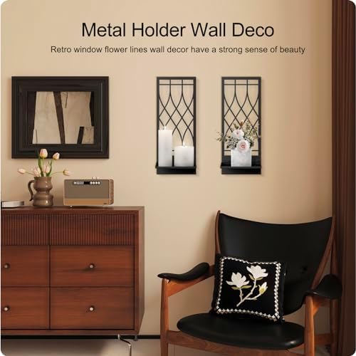 Wall Candle Holder, Black Metal Wall Art, Line Wall Candle Holder for Living Room, Dining Room, Bedroom, Bathroom (2 Pack, 16.5 x 7 in) - Image 5