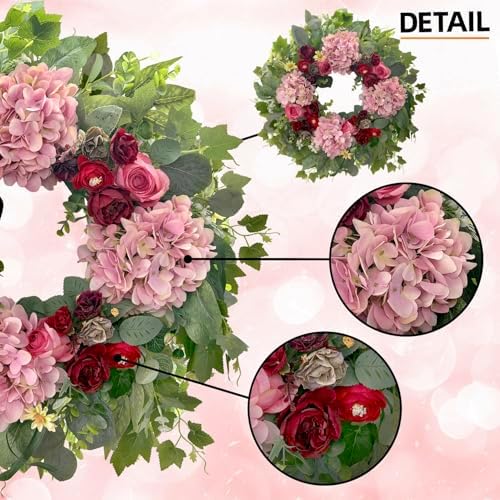 HipTree 24 Inch Spring Wreaths for Front Door with Hydrangeas Roses - Image 2
