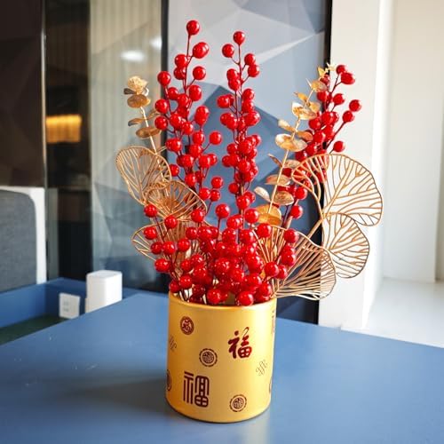 Chinese New Year Table Ornament, Artificial Branches Fortune Lucky Tree, Spring Festival Artificial Red Berry Flower Arrangement for Asian Lunar New Year Desktop Centerpiece by LOONELOSEASONALDECORATIONS