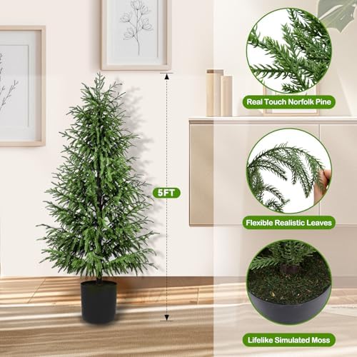 5FT Christmas Tree, Artificial Norfolk Pine Without Lights, Real-Touch PE Material, Family & Pet Friendly, Unlit Faux Xmas Tree in Black Pot for Indoor Outdoor Decor - Image 3