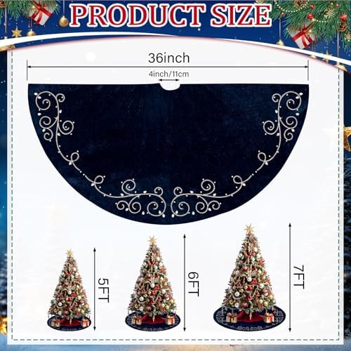 36inch Christmas Tree Skirt Navy Blue Luxury Velvet Plush Fur Skirts Baroque Tree Skirts with Gold Embroidered Pearls and Crystals Xmas Velvet Trees Skirt for Christmas Holiday Party Home Decorations - Image 2