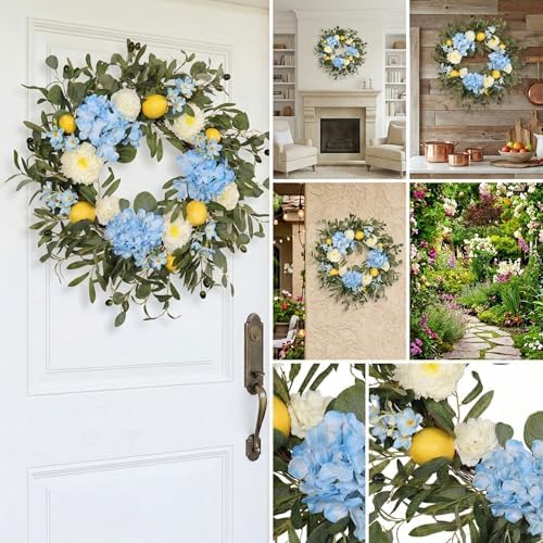 22 Inch Lemon Wreath for Front Door, UV Resistant Blue Hydrangea Olive Branch Floral, Waterproof Spring Summer Wreath - Image 7