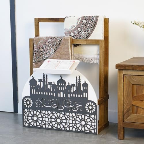 Elegant Wooden Quran Stand & Prayer Mat Holder – Islamic Home Décor, Prayer Rug Organizer, Ramadan & Eid Gift, Decorative Wooden Islamic Accessories, Quran Display Holder for Mosque Home White-Silver - Image 2