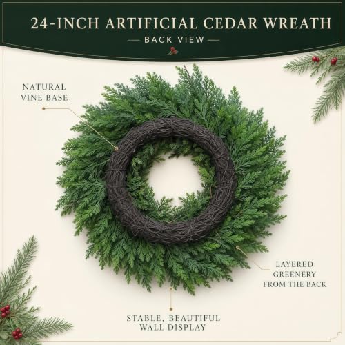 24" Cedar Christmas Wreath for Front Door with Pine Cones & Red Berries - Image 6