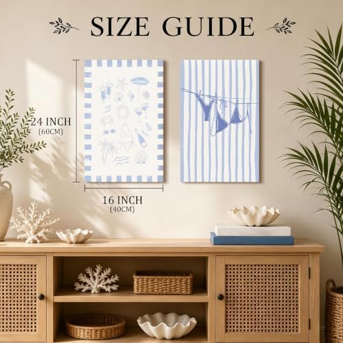 Trendy Coastal Canvas Wall Art Set of 2, Blue Bikini Granddaughter Room Wall Decor Paintings, Preppy Coastal Shell Girls Dorm Posters Prints Pictures for Living Room Bedroom 16x24 Inch Framed - Image 4