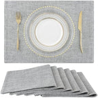 homing Faux Cotton Linen Placemats Set of 6, Cloth Washable Farmhouse Dining Table Mats for Indoors & Outdoors, Easy to Clean, Light Grey, 13 x 19 Inch by homing
