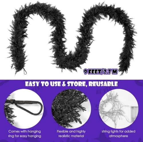 Fovths 9 Ft Pre‑Lit Black Halloween Garland, Artificial Cedar Vine Decor - Image 2