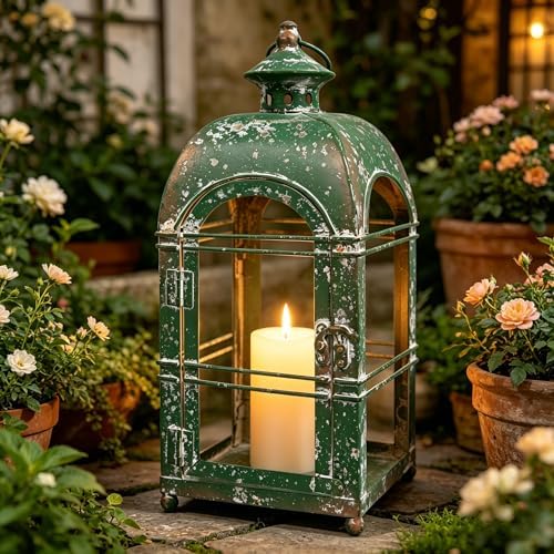 Vintage Farmhouse Metal Candle Lantern - 14 Inches Rustic Distressed Green Lanterns Indoor & Outdoor Decor Hanging Candle Holder Lantern for Garden Front Porch Patio Wedding Christmas (No Glass) - Image 4