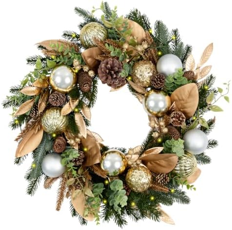 Hykolity 24 Inch Pre-Lit Botanical Christmas Wreath, Battery Operated Lighted Wreath with 30 Warm White LEDs, Timer, Gold Silver Ornaments, Pinecones and Decorative Leaves for Front Door by hykolity
