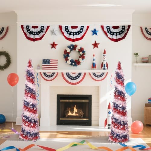 4th of July Decorations, 5FT Patriotic Pop up Pencil Collapsible Artificial Tree, for Independence Day Memorial Indoor Outdoor Home Decor, Red Blue White - Image 4