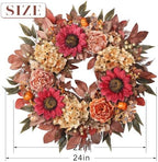 24"Fall Artificial Wreath with Sunflower Peony for Front Door Decor(Orange) - Image 6