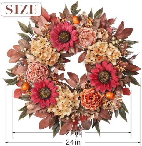 24"Fall Artificial Wreath with Sunflower Peony for Front Door Decor(Orange) - Image 6