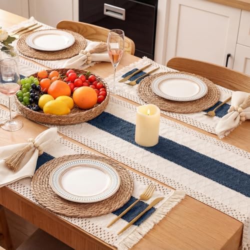 4 Sets Blue Kitchen Decor,Table Setting Decor with Round Woven,Rectangular,Wooden Bead Napkin Rings,Cloth Napkins,Table Runner & Storage Basket,Natural Burlap Cotton for Kitchen Dining Table Home - Image 6