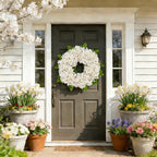 White Hydrangea Summer Wreath for Front Door with Artificial Hydrangea and Silk Greenery, 22''Outdoor Dogwood Wreath for Farmhouse Wedding & Home Decor- Spring Summer & All Seasons Display - Image 6