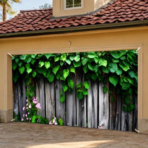 Garden Garage Door Banner 6 x 13 FT, Green Ivy Rustic Wood Fence Garage Door Cover, Botanical Greenery Floral Outdoor Garage Door Decorations, Farmhouse Nature Backdrop for Home Party Decor(Wooden planks) - Image 2