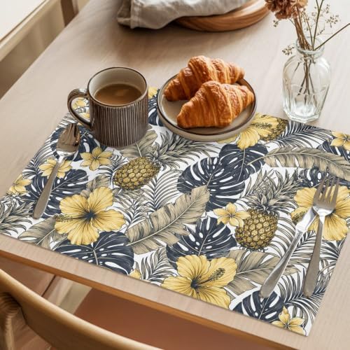 Tropical Plants Placemats Set of 8, Cotton Linen Fabric Place Mats, Yellow Flowers Pineapple Palm Leaves Washable Decorative Table Mats Protector for Home Kitchen Dining Wedding Party Coffee Tables - Image 3