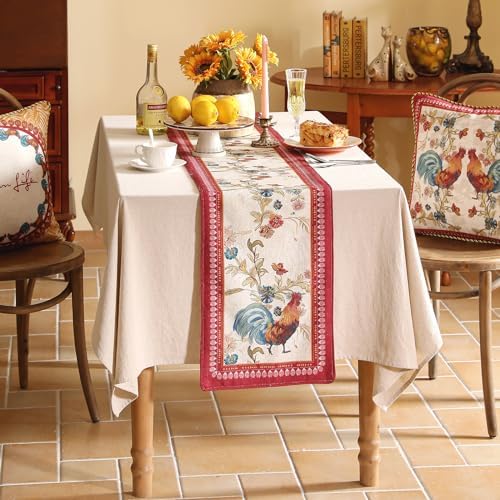 patdrea Designer Farmhouse Linen Extra Long Table Runner,Rustic Cottage Mauve with Rooster and Floral Pattern Fabric Table Mat,Decoration for Kitchen Dining Christmas New Year Banquet, 12"*118" - Image 3