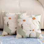 Summer Daisy Throw Pillow Covers 18x18 Inch Set of 2, Chenille Embroidered Pillowcase with 3D Tufted White Flowers Sage Green Leaves, Boho Decorative Cushion Covers for Couch Sofa Bed by CITYJUN