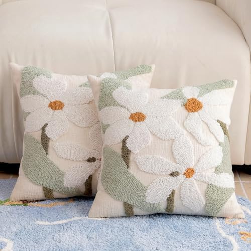 Summer Daisy Throw Pillow Covers 20x20 Inch Set of 2, Chenille Embroidered Pillowcase with 3D Tufted White Flowers Sage Green Leaves, Boho Decorative Cushion Covers for Couch Sofa Bed by CITYJUN