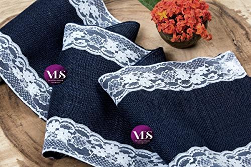 VDS Pack of 15, Burlap Table Runner with White Lace Edge, 100% Natural Jute Rustic Hessian Table Cloth Centerpiece for Wedding Birthday Party Banquet Table Decoration (Size 12X108 Inch)(Navy Blue) - Image 6