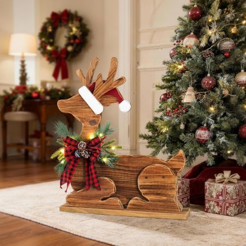 Glitzhome 25.75"H Lighted Christmas Reindeer Porch Sign,Chunky Wood Reindeer Porch Decor with Timer,Merry Christmas Welcome Sign for Holiday Party Indoor Outdoor Xmas Decorations - Image 3