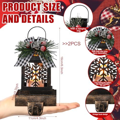 Therwen 2 Pcs Christmas Stocking Holders Lantern, LED, Snowflakes, Bronze - Image 2