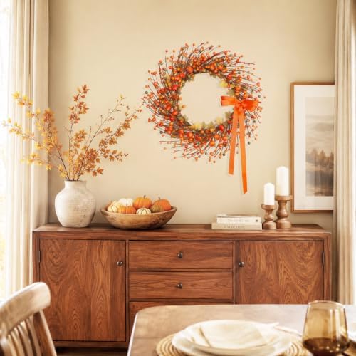 18“ Pumpkin and Berry Fall Wreath with 30 LEDs & Orange Ribbon Bow - Image 4