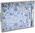 Serving Tray with Handles, 2 Pack Rectangular Plastic Tray 15.75x11.81 Inch, Blue and White Peony Chinese Porcelain Style Decorative Tray for Kitchen, Dining Table, Vanity, Office & Home by Origtray